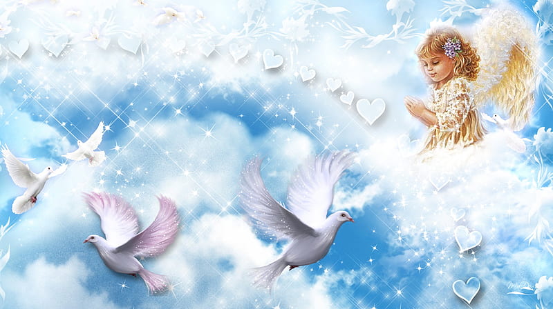 Angels Cloud, angel, soft, easter, hopes, sky, clouds, corazones, doves, girl, peaceful, wishes, HD wallpaper
