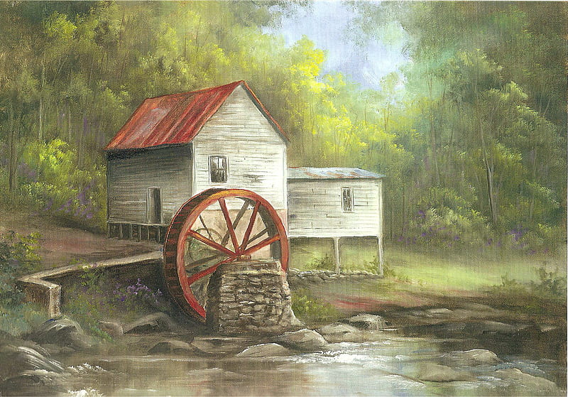 Hazel Creek Mill, grinding, mill, woods, power, country, histiry, grains, river, wheel, HD wallpaper