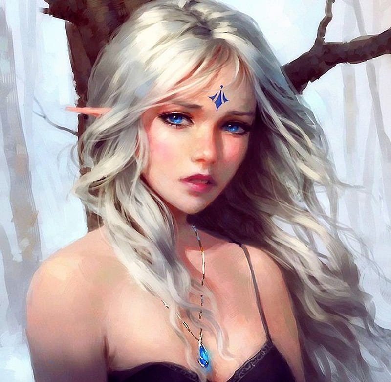 Sad Eyes, forest, girl, elf, amulet, magic, woman, blue, HD wallpaper
