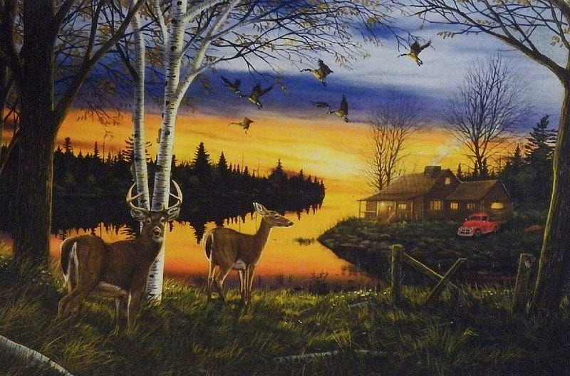 Another Time, rustic, flying birds, lakes, draw and paint, love four seasons, deer, geese, paintings, sunsets, nature, cabins, HD wallpaper
