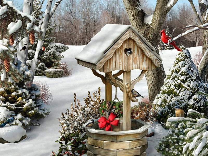 Winter Wishes, chickadees, snow, painting, birds, garden, wishing well, artwork, cardinal, HD wallpaper