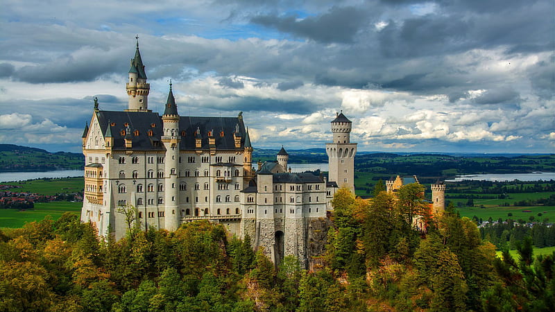 Bavarian Alps Castle Germany Neuschwanstein Under Dark Cloudy Sky Travel, HD wallpaper