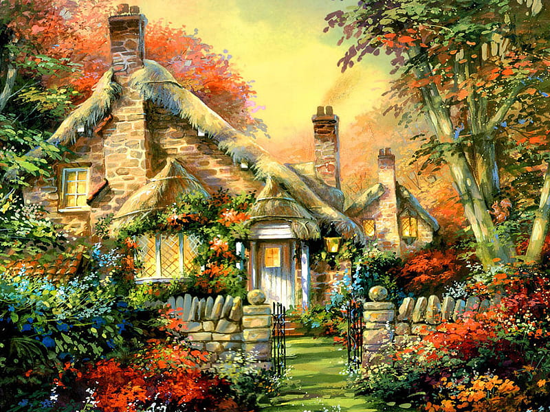 House at Hayden's Glade F2Cmp, gate, art, squirrel, mitchell, trees, artwork, floral, jim mitchell, thatch, painting, hedge, flowers, scenery, coblestone, landscape, HD wallpaper
