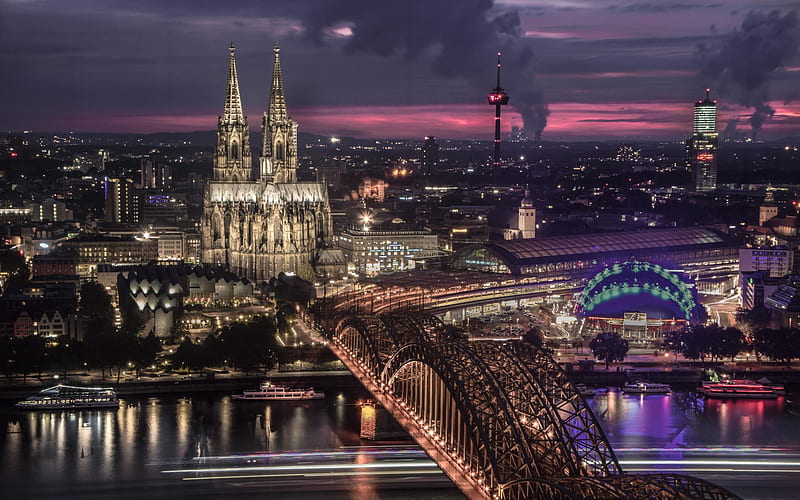Cologne, Germany, cityscape, Cologne Cathedral, Cathedral Church of Saint Peter, evening, sunset, Cologne skyline, HD wallpaper