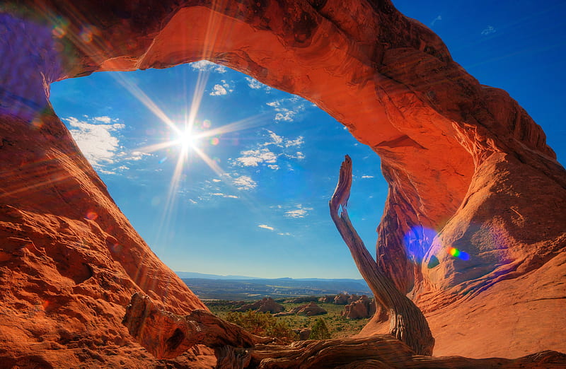 Sunny Arch, USA, Utah, rocks, sun, desert, stone, sky, HD wallpaper