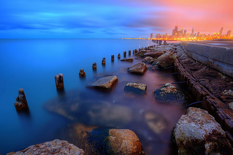 Twilight, water, cityscape, chicago, skyline, urban, places, lights, night, HD wallpaper