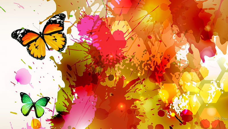 Autumn Watercolor, red, paint, splatter, orange, bright, butterflies, abstract, watercolor, HD wallpaper