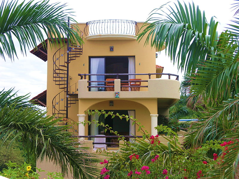 Villa , balcony, home, flowers, villa, trees, palms, HD wallpaper