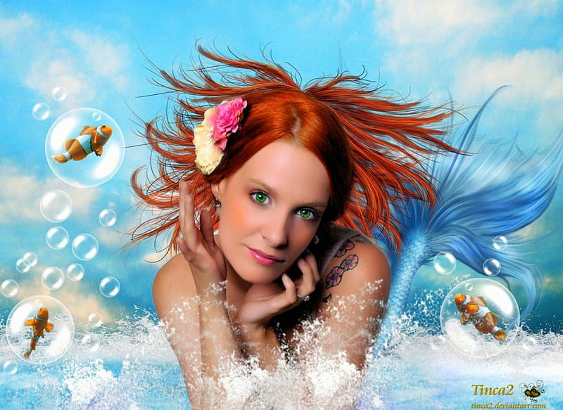 ~Sweet Arielle~, lovely, fish, redhead, colors, love four seasons, mermaid, bonito, creative pre-made, digital art, fantasy, water, manipulation, weird things people wear, clownfish, HD wallpaper