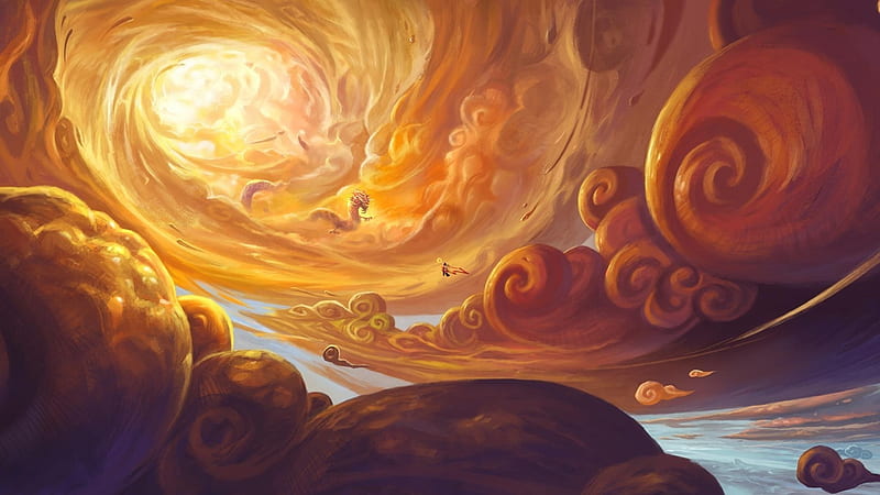 Dragons, fantasy, cloud, luminos, yellow, sunset, dragon, sky, HD wallpaper