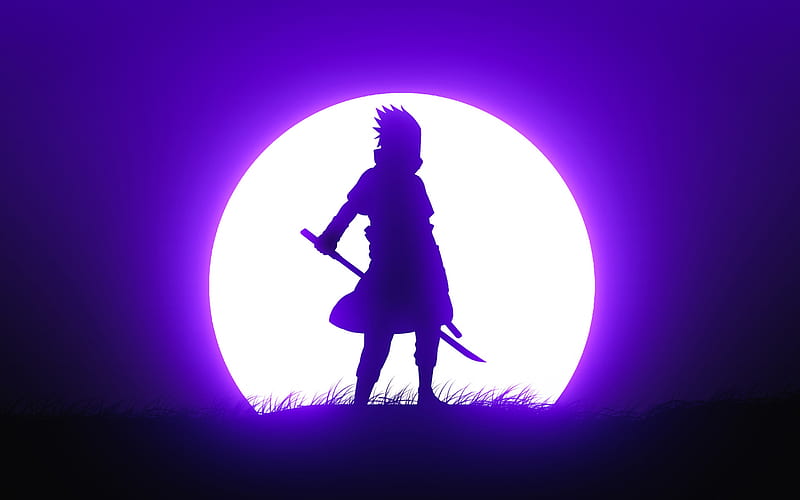 Sasuke Uchiha silhouette, moon, Naruto characters, minimalism, manga, Sasuke Uchiha, Naruto, Uchiha Sasuke, HD wallpaper