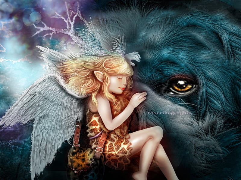 ~Angel with Dog~, fantasy girls, digital art, angels, fantasy, manipulation, love, girls, animals, wings, people wear, model, colors, love four seasons, creative pre-made, dog lovers, cool, weird things, dogs, HD wallpaper