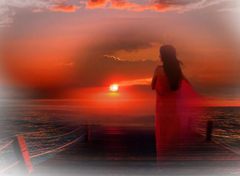 red sunset, background, shades, Red, womam, black, sunset, sea, HD wallpaper