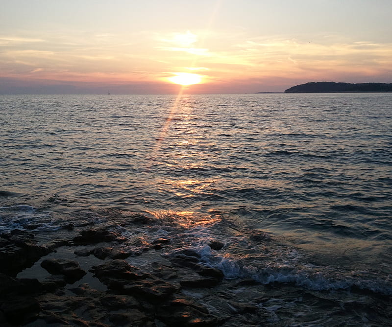 Sea, croatia, holiday, ocean, sky, stone, sun, sunset, wave, HD wallpaper