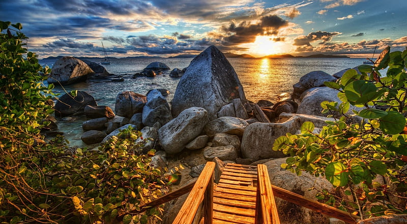 Rocky Shore, ocean, nature, sunset, sky, clouds, rocks, shore wooden stairs, trees, boats, HD wallpaper