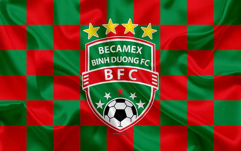Becamex Binh Duong FC logo, creative art, red green checkered flag, Vietnamese football club, V League 1, emblem, silk texture, Thuhaumot, Vietnam, HD wallpaper