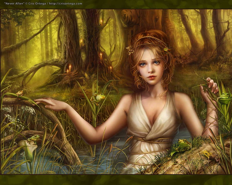 Never after, pretty, forest, toads, candles, fantasy, tale, girl, magical, really, fairy, HD wallpaper