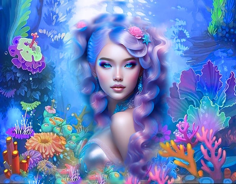 All Things Beautiful Fantasy Under The Sea, colorful, blue, sea, white, vibrant, plants, girl, purple, pink, fantasy, vivid, green, bright, bold, hair, HD wallpaper