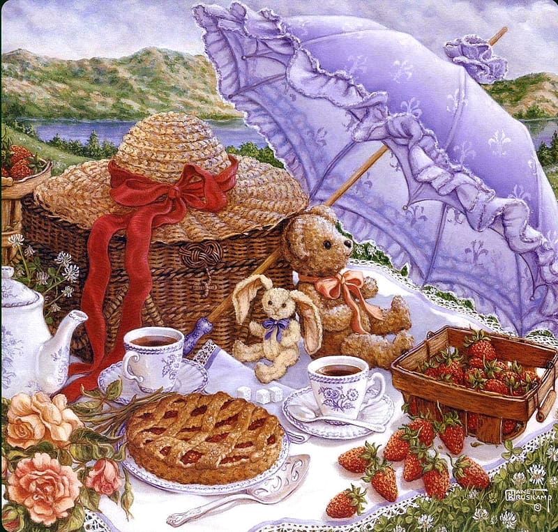 Picnic, pie, toy, umbrella, strawberry, art, sweets, parasol, yea, cup, teddy bear, painting, janet kruskamp, pictura, fruit, hat, HD wallpaper
