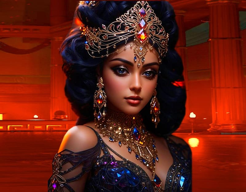 Egyption Queen, adornments, orange, queen, dress, colorful, black, vibrant, crown, vivid, red, bright, bold, HD wallpaper