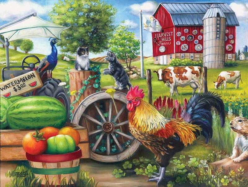 Farm life, peacock, kitten, cat, pisici, rooster, art, cow, chicken, farm, paun, painting, pictura, HD wallpaper