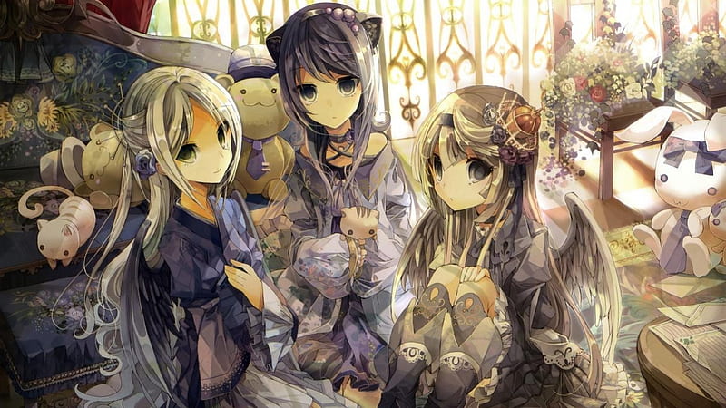 three cute girls, angel cosplay, anime, manga, bunny, cats, HD wallpaper