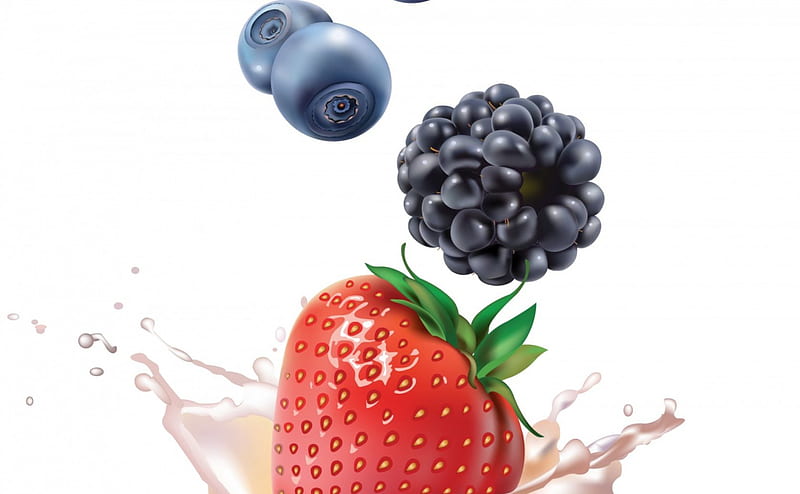 Berries, red, strawberry, food, blackberry, sweet, dessert, fruit, green, berry, blueberry, milk, white, HD wallpaper