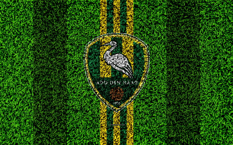 Den Haag FC emblem, football lawn, Dutch football club, logo, grass texture, Eredivisie, yellow black lines, Hague, Netherlands, football, ADO Den Haag, HD wallpaper