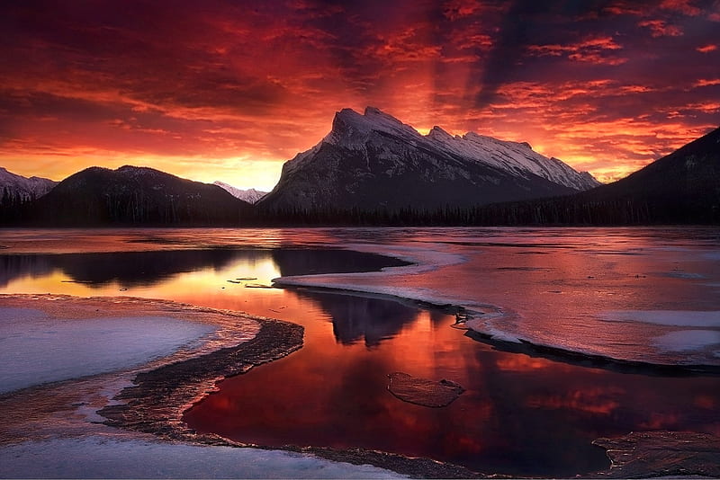 The Beginning, mountains, ice, colors, clouds, sky, lake, canada, HD wallpaper