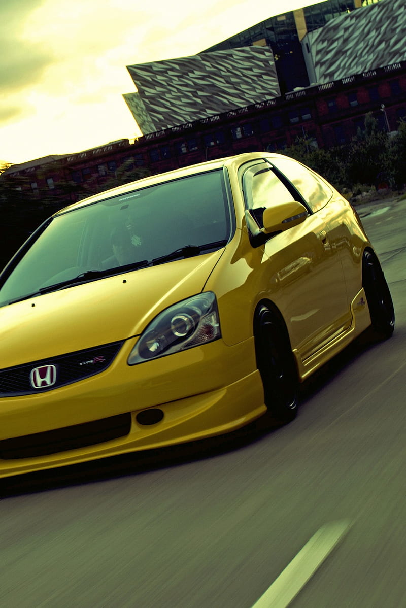 Honda Civic Type R, civic, ctr, ek, ep, honda, jordan, low, rolling, stance, typer, yellow, HD phone wallpaper