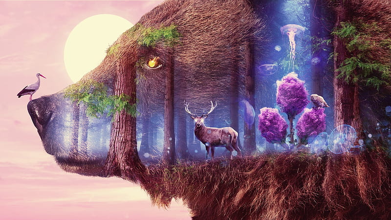 Mystical wildlife, forest, luminos, brown, bear, deer, animal, tree, fantasy, pink, blue, HD wallpaper