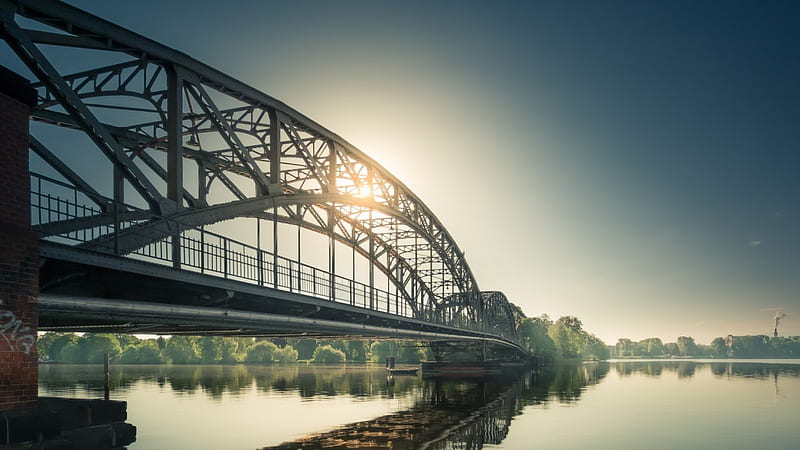 wonderful metal bridge, river, sun, reflection, bridge, HD wallpaper