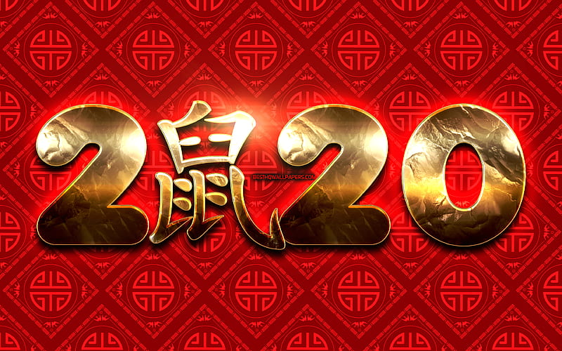 2020 golden digits rat zodiac sign, year of the rat, red chinese background, Happy New Year 2020, creative, 2020 concepts, 2020 with rat sign, golden digits, Chinese calendar, 2020 on red background, 2020 year digits, HD wallpaper