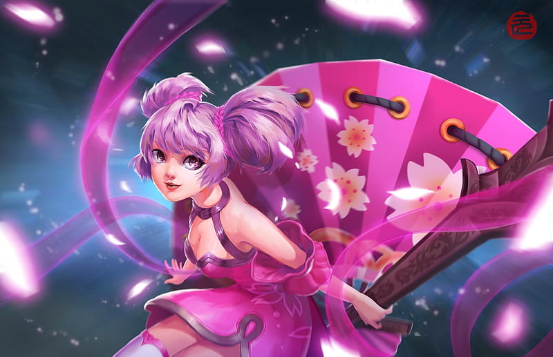 Fantasy girl, fantasy, evantai, luminos, girl, li yuan, pink, hand fan ...