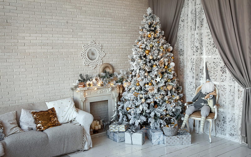 Christmas tree, interior, New Year, gifts, fireplace, Christmas, scenery, HD wallpaper