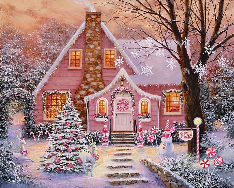 Sugar plum cottage, winter, art, pretty, cottage, christmas, holiday, sugar, bonito, countryside, plum, tree, snow, pink, HD wallpaper