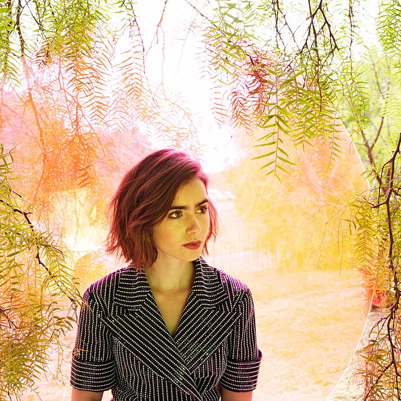Lily Collins, women, celebrity, redhead, looking away, women outdoors, HD phone wallpaper