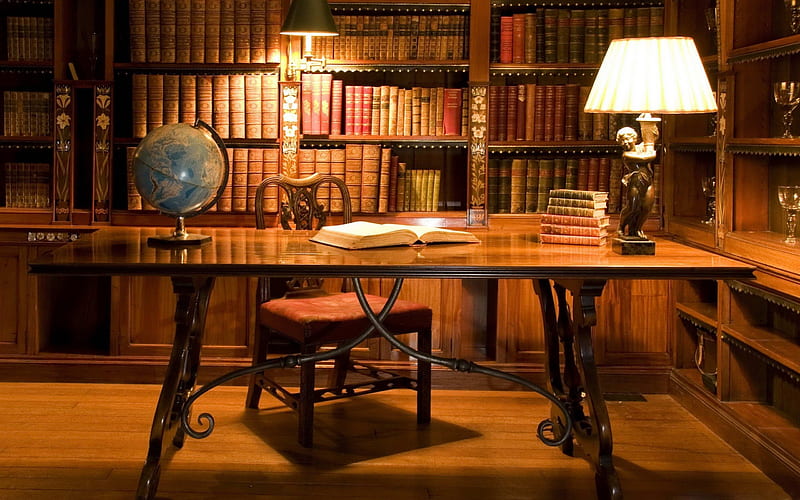 Antique Library, globe, lamp, books, bonito, abstract, graphy, antique, library, desk, earth, HD wallpaper