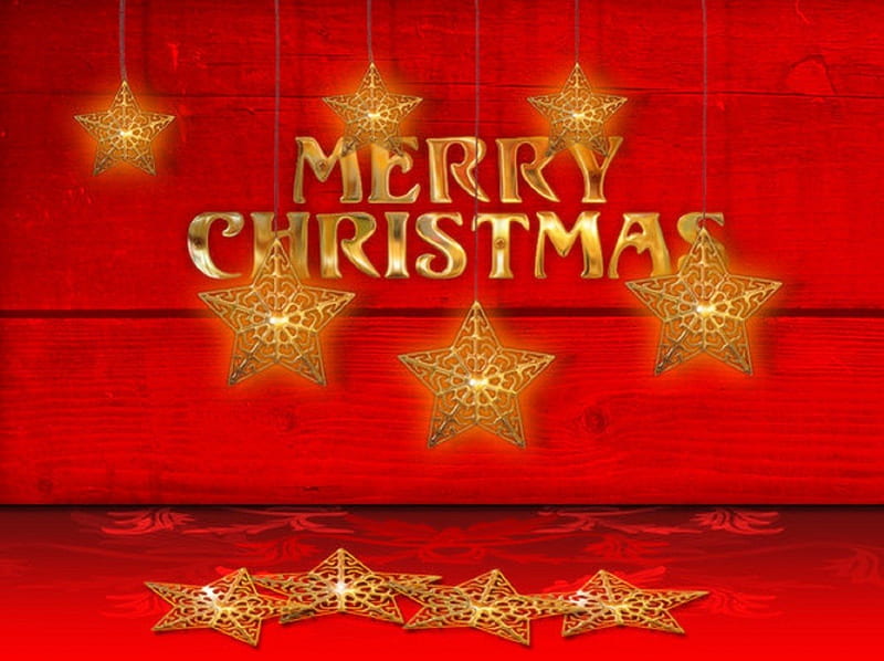 Merry Christmas, stars, gilt, boards, Red, HD wallpaper