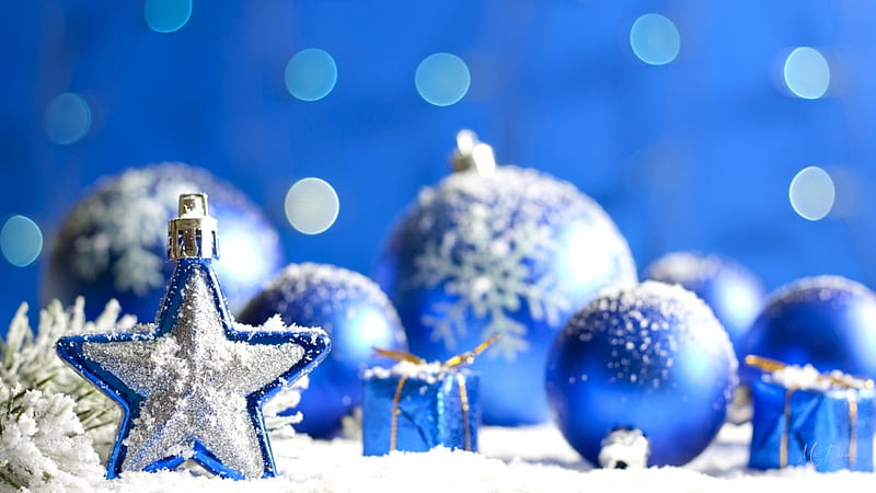 Blue For You, Christmas, bokeh, snow, Feliz Navidad, decorations, gifts ...
