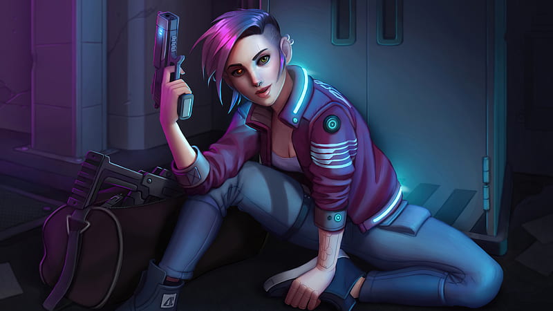 Sci Fi, Cyberpunk, Girl, Gun, Purple Hair, Short Hair, HD wallpaper