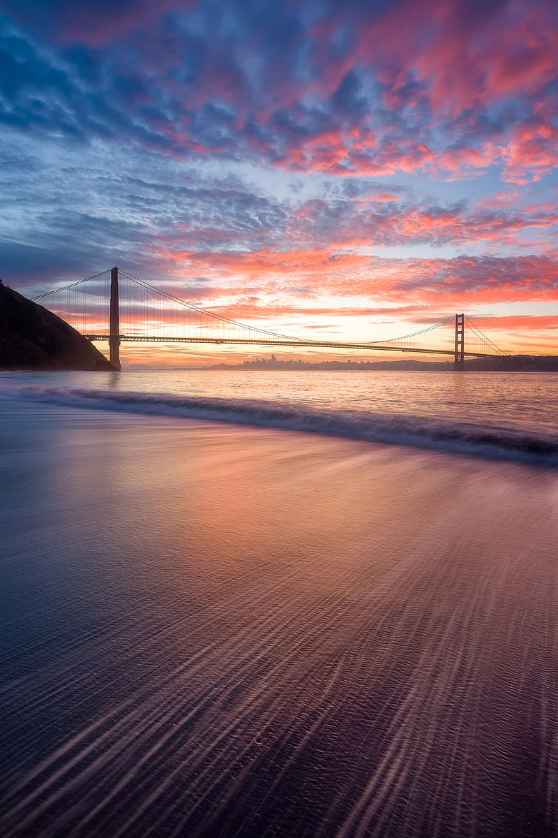 nature, water, bridge, sky, sunrise, beach, San Francisco, HD phone wallpaper