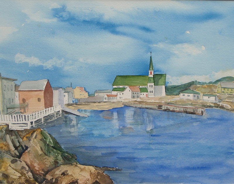 Newfoundland, river, water, oilpainting, church, HD wallpaper