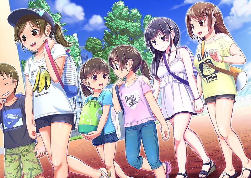 Headed For A Sleepover, Anime Friends, Anime Guy, Anime Couple, Couple, Brown Eyes, Anime, Smile, Blue Sky, Blushing, Long Hair, Ponytail, Holding Hands, Friends, Loli, Short Hair, Brunette, Clouds, Big Eyes, Purple Hair, Shorts, Anime Girl, Purple Eyes, HD wallpaper