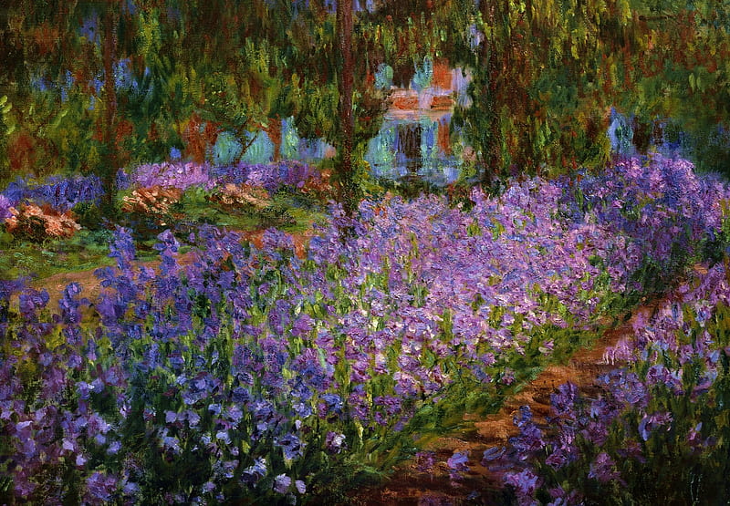 The artist garden in Giverny, art, claude monet, purple, painting, garden, giverny, flower, pictura, HD wallpaper