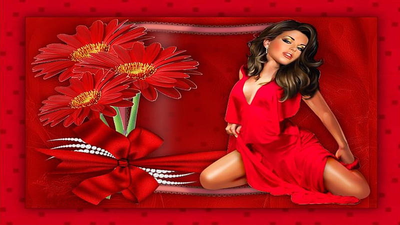 sexy in red, flower, red, dress, daisy, HD wallpaper