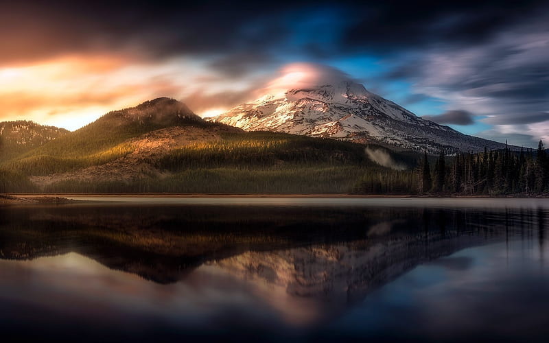 America, mountain, lake, clouds, sunset, Oregon, USA, HD wallpaper
