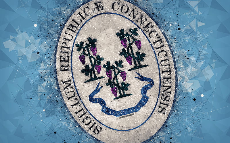Seal of Connecticut emblem, geometric art, Connecticut State Seal, American states, blue background, creative art, Connecticut, USA, state symbols USA, HD wallpaper