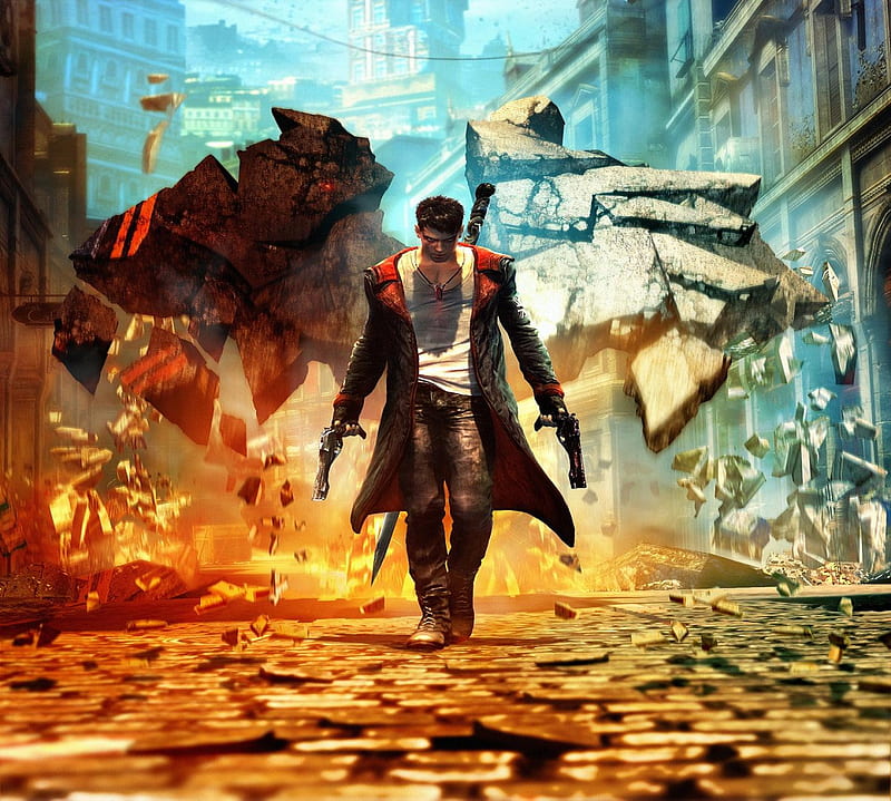 Dante, games, video game, game, video games, capcom, devil may cry, guns, anime, sword, black hair, wings, necklace, buildings, ninja theory, weapons, short hair, trench coat, cool, solo, concrete, rubble, dmc, HD wallpaper