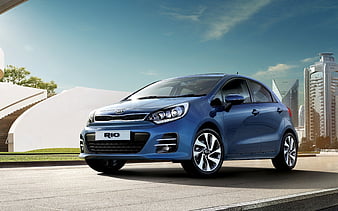 Kia Rio, 2018 exterior, front view, hatchback, new blue Rio, Korean cars, Kia, HD wallpaper